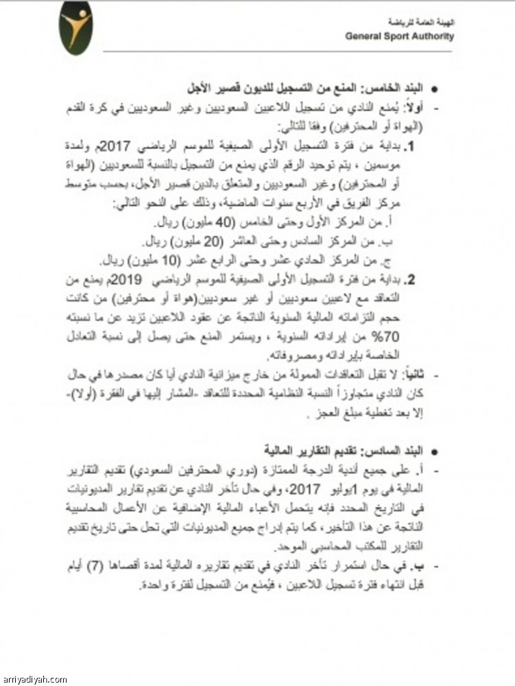 هيئة الرياضية تعلن قواعد الحد من ديون الأندية