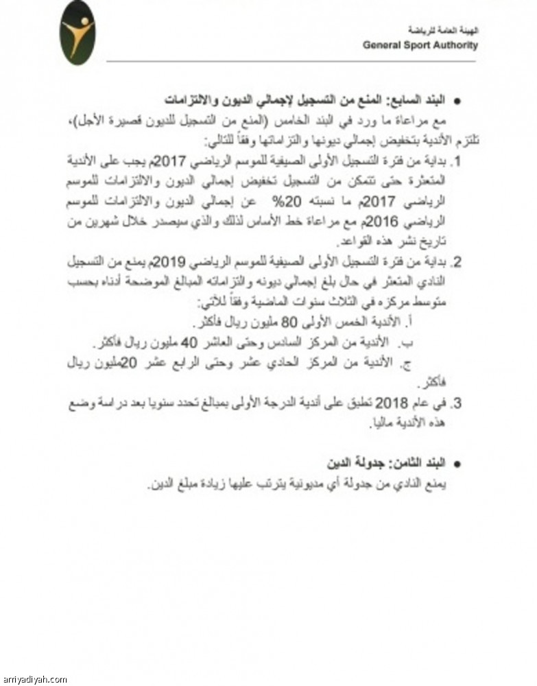 هيئة الرياضية تعلن قواعد الحد من ديون الأندية